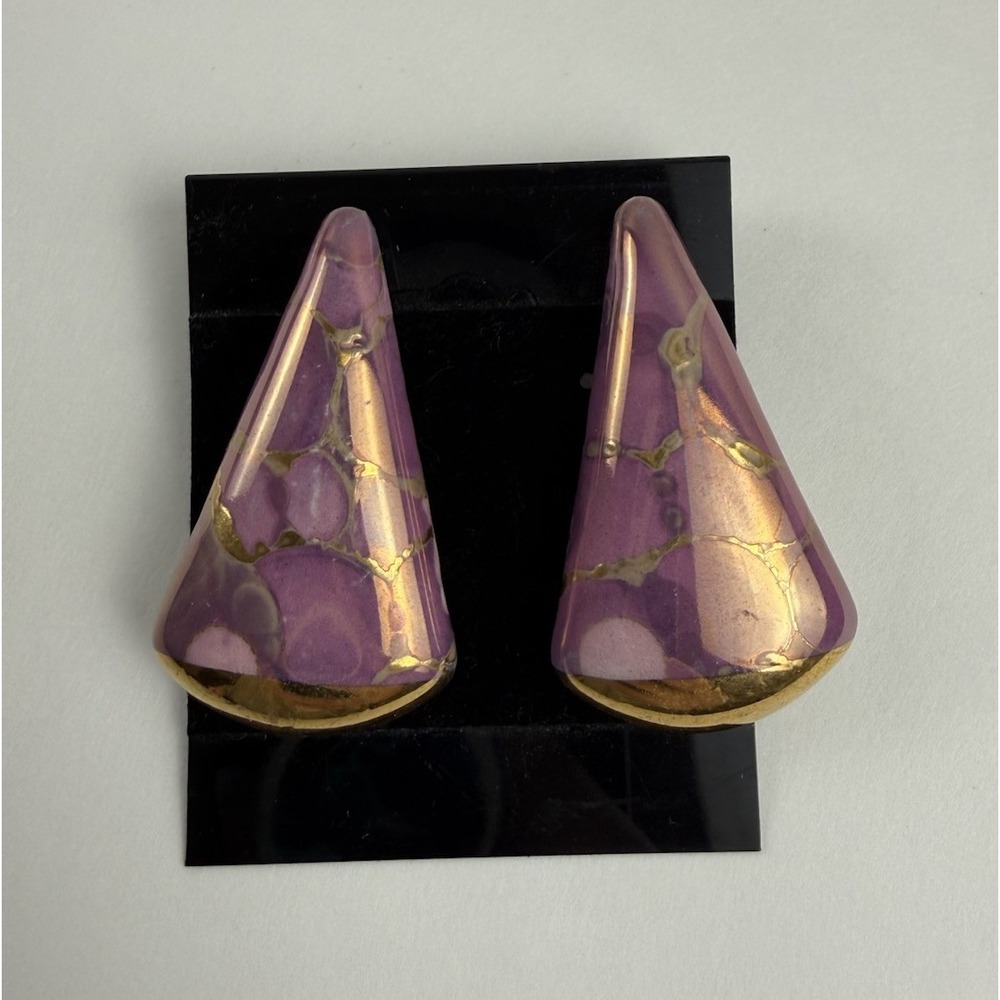 Vintage 80s Pink Gold Marbled Ceramic Triangle Statement Pierced Retro Earrings - Picture 3 of 9